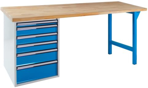Steinbock Werkbank 6 Schubladen | 150x85x75 cm | 500 kg | Blau | 500 kg Tragkraft | 5 cm geölte Massivholz-Arbeitsplatte aus Buche | stabiles Stahlgestell | Werktisch | Made in EU