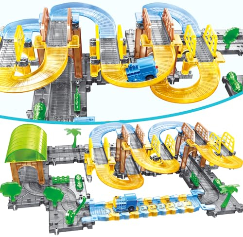 JONRRYIN Schienen Auto Spielzeug, Zug Set Spielzeug, Rennstrecken Spielzeug, Spielzeug Autorennbahn Rennbahn Kinderspielzeug mit Elektrischer Zug, Kreatives Spielzeug für Kinder 3-11 Jahren(76 Stück)