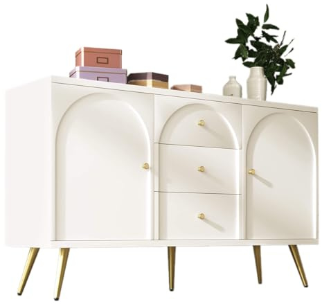 HYUB Kommode, Sideboard mit 2 Türen und 3 Schubladen, Komodenschrank, Mehrzweckschrank mit Verstellbare Ablage und Arbeitsplatte, Flurschrank, Aufbewahrungsschrank, für Schlafzimmer Wohnzimmer, Weiß