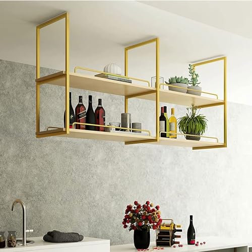 Shelf Hanging Storage Shelves Wine Glass Rack, Wine Bottle Holder for Garden Cabinet Kitchen Bar, Flower Stand Kitchen Pot Pan Rack with Guardrail - Gold