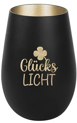 Der-Porzellan-Laden Windlicht mit Gravur GlücksLicht, Schwarz Gold, Teelichthalter aus Glas mit Spruch, Tischdeko modern