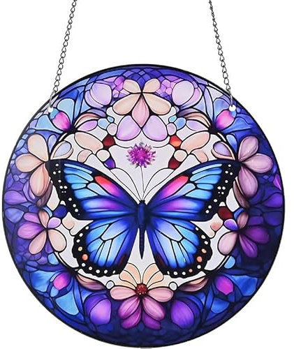 Flower Leaf Butterfly Stained Windows Hanging Suncatcher,Flower Butterfly Suncatchers Window Ornament Glass Panel Sun Catcher Wall Hanging Decor Birthday Gifts