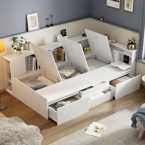 Kinderbett Einzelbett 90x200, Stauraumbett Funktionsbett mit 4 Schubladen, Bücherregal und Stauschrank, Bettkasten mit Stauraum, Multifunktionales Bett Jugendbett, Massivholz, Ohne Matratze, Weiß