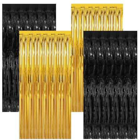 4 Stück Schwarz Gold Lametta Vorhänge,Metallische Folie Fransen Vorhang Funkeln Vorhängen Dekoration für Geburtstagsfeier Abschlussfeier Hochzeitsfoto Hintergrund Halloween Disco Party(1m x 2m)