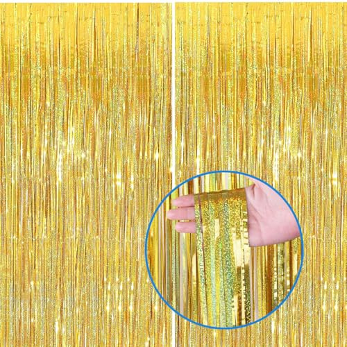 Silvester Lametta Vorhang Gold Glitzer, Folie Fransen Vorhang Schimmer, Metallic Tinsel Vorhange Hintergrund Fringe Glitzervorhänge Fransenvorhang Metallfolie fur Party Deko Geburtstagsdeko -2stk-