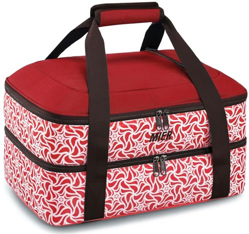 MIER Insulated Casserole Carrier Fits 9x13 Baking Dishes/Foil Pans, Double Food Carriers Bag Thermal Holder for Hot or Cold Food Lasagna Lugger Potluck Parties Picnic Travel, Red
