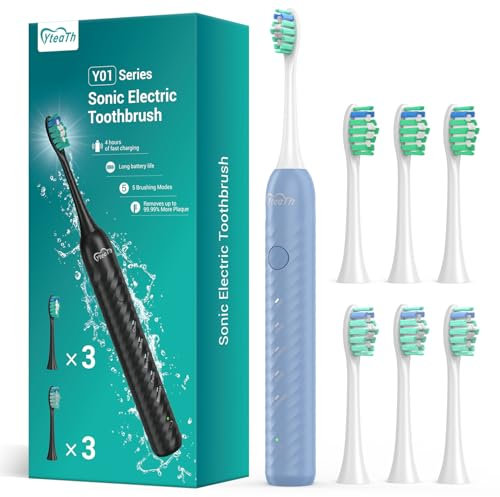 Spazzolino da denti elettrico per adulti con 6 testine di spazzolatura, spazzolino da denti acustico ricaricabile, ultra lunga durata di vita della batteria, 4 ore di ricarica e 180 giorni di 、