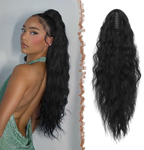 FESHFEN Pferdeschwanz mit Klammer, Lange Wellig Lockig Haarextension Synthetik Zopf Haarverlängerung Claw Clip in Haarteil Ponytail für Damen 65cm Schwarz
