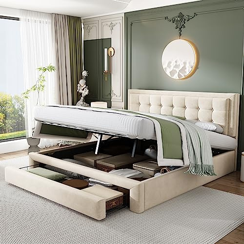 Huayz Upholstered Double Bed 135 x 190cm, Ottoman Storage Bed with Hydraulic Lever and Drawer, Large Storage Space, Velvet Fabric Ottoman Lift Up 4FT6 Double Bed Frame, No Mattress