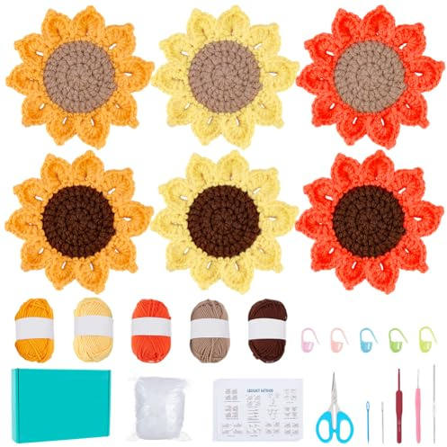 FREEBLOSS 12 Set Häkelset Für Anfänger Häkelset Für Sonnenblumen Untersetzer Blumen Untersetzer Mit Häkelnadeln Garn Schritt Für Schritt Video Tutorials – Häkelset Für Anfänger Für Erwachsene