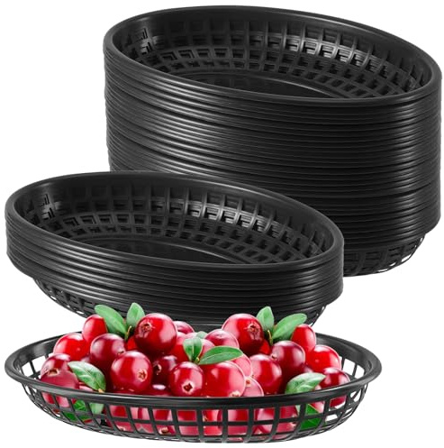 SOUJAP 40 PCS Black Fast Food Baskets, Plastic Oval Burger Basket for Fruit, Hot Dogs, Sandwiches, Fries, 23 x 14.5 x 4cm
