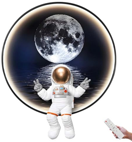 LOGT LED Mond Wandleuchte mit Fernbedienung Astronaut Wandlampe USB Stecker Kabel Wand Lampe Innen Dimmbar Nachttischlampe Runde Mond Kinderzimmerlampe Art Deco Wandbeleuchtung 3000K-60000K,50CM
