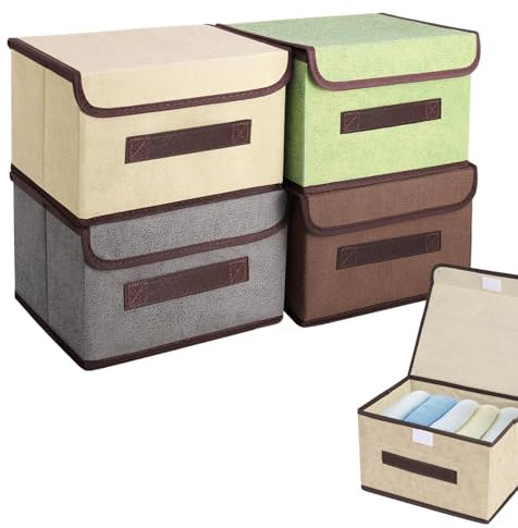 chiquieray Set of 4 Foldable Storage Box,Fabric Storage Boxes,Collapsible Storage Box with Lids, Fabric Wardrobe Organiser Basket with Handles for Clothes, Toys, Books,Photo, Closet, Bedroom, Home