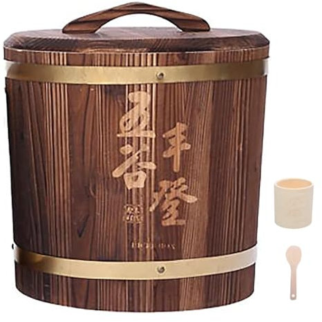 QSNYJPL Fir Wood Grain Dispenser with Lid, Brown Sealed Rice Jar Bulk Food Storage, Kitchen and Pantry Organization for Rice, Soybeans, Corn, Sugar, Coffee(21x26 cm/8x10 in)