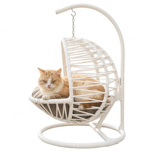 Generisch La Tahzen Katzenschaukel - Hängesessel für Katzen und kleine Hunde - 45 x 45 x 70 cm - Farbe Weiß - Handgefertigtes Haustiermöbel mit Plüschkissen (Weiß)