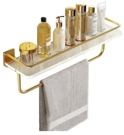 Étagère de douche Étagère de douche avec barre porte-serviettes for salle de bain avec douche intérieure, étagère de douche murale en acrylique avec clôture dorée, organisateur de douche moderne en al