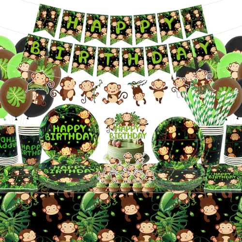 Decoración de cumpleaños con forma de mono, decoraciones de fiesta con forma de mono, platos, vasos, servilletas, mantel, pancarta de feliz cumpleaños, decoración de tartas con para