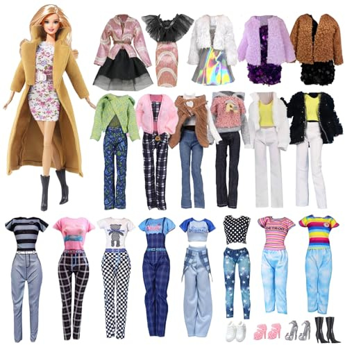 14 Kleidung Kompatibel mit Barbie 11.5inch Puppen, 1 Brauner Mantel 2 Rock 3 Jacke 1 Halbrock 1 Trägerrock 1 Hose 1 Overall 4 Schuhe für 11,5 Zoll Mädchen Puppen Zufällig