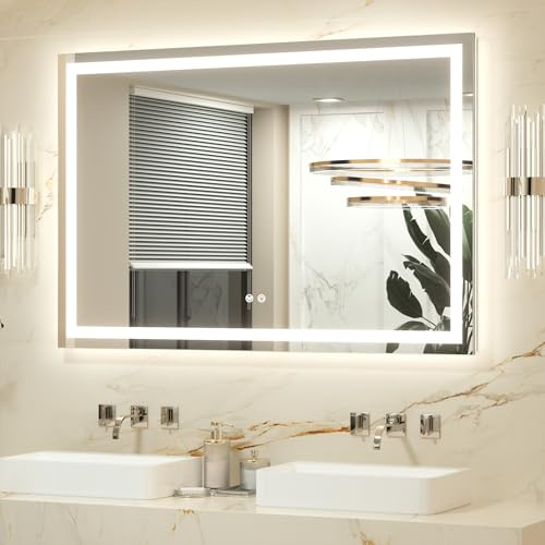 Keonjinn Badspiegel mit Beleuchtung 120x80cm, Badezimmerspiegel Beleuchtet Beschlagfrei Led Bad Spiegel mit Touch Schalter, 3 Lichtfarben Dimmbar Speicherfunktion Badezimmer Wandspiegel Ohne Rahmen