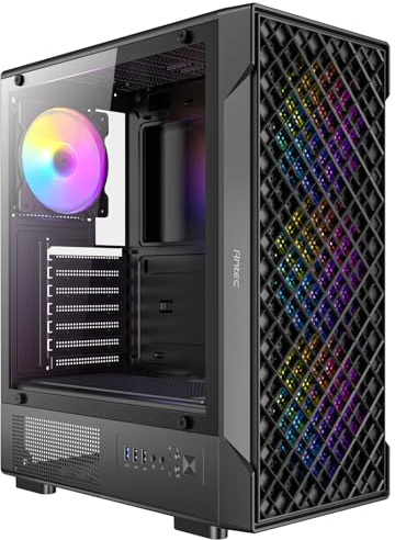 Antec VX320 ARGB Mid-Tower Gaming Case, 1 x USB 3.0/1 x USB 2.0, Tempered Glass Side Window Panel, Ventilated Front Grille, 4 x Pre-Installed ARGB LED Fans, ATX, Micro-ATX,ITX Compatible