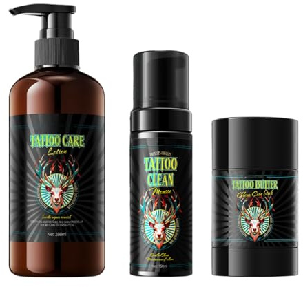 Tattoo Pflege Set,Tattoo Geschenkset Herren,After Tattoo Creme mit Niacinamid und Hyaluron,Feuchtigkeitsspendend,Beruhigend bei Trockenheit,Reinigt sanft,Farbfixierung & Lebhafte,Stabile Tattoo Farben