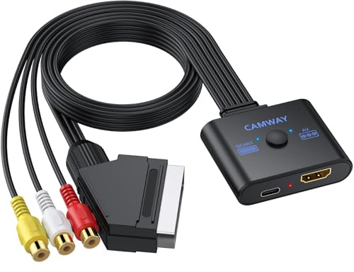 CAMWAY Adaptador RCA y Scart a HDMI con Switch 16:9/4:3, 1080P Convertidor AV/Scart a HDMI con Cable HDMI 50CM, Plug&Play, Compatible con PAL/NTSC para Wii PS1 PS2 N64 Xbox DVD VCR VHS