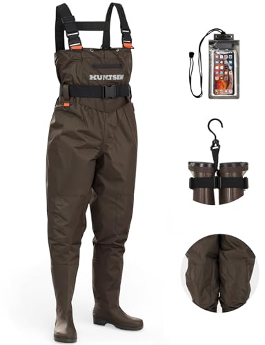 HUNTSEN Fishing Waders for Men Women - 2-Ply Nylon/PVC Waterproof Hunting Chest Waders with Boot Hanger,Phone Case Brown Size M10