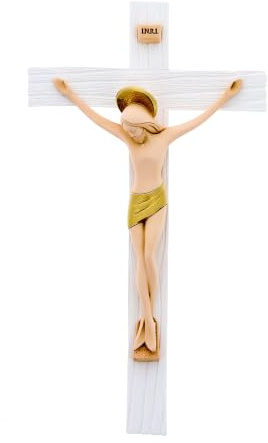 SHALOM - Crucifijo de madera con cuerpo de resina coloreada. Altura 23 cm