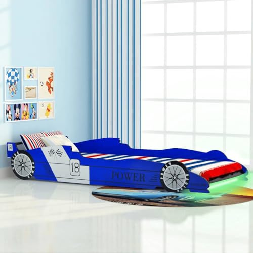 IBUQDDV Rennwagen-Kinderbett mit LED-Lichteffekt 90x200 cm Blau, Bettrahmen mit Farbwechsel-LED-Streifen und Fernbedienung für Beleuchtung, robuste Konstruktion mit Schutzgeländern