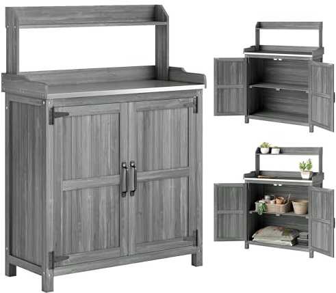 Outsunny Wooden Potting Bench Table with Aluminium Worktop, Outdoor Garden Workbench with Top Shelf and Cabinet Storage, Planting Work Station for Patio, Balcony, 91 x 40 x 124 cm, Grey