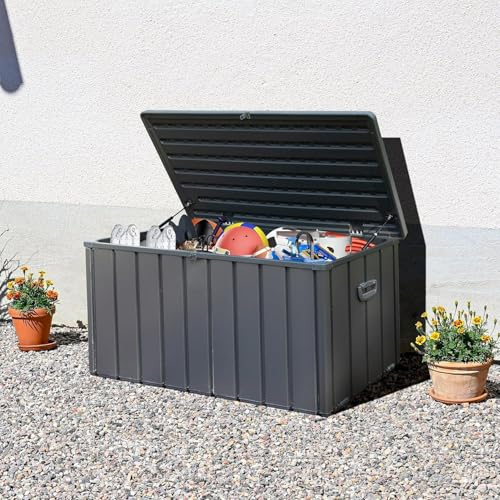 Domi Outdoor Auflagenbox 380L Gartenbox – wasserdichte Kissenbox mit Hydraulikdeckel, Metall Stauraumbox Garten mit Griffen & abschließbarem Deckel für Gartenkissen und Gartengeräte, Grau