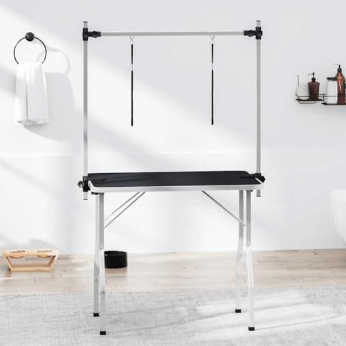 Runheo Trimmtisch Schertisch mit 2 Schlingen für Hunde Katzen klappbar Schwarzer pulverbeschichteter Stahlrahmen MDF Tischplatte 105x61,5 cm höhenverstellbar für Fellpflege und Hygiene