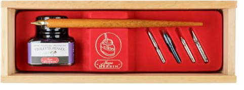 Jacques Herbin 27077T - Un coffret bois ''Violette pensée'' comprenant un porte-plume en bois, 5 plumes métal, un flacons d'encre 30 ml et une notice