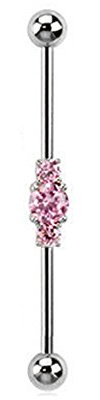 Gekko Body Jewellery Surgical Steel Three Linked Pink Gem Industrial Barbell Scaffold Bar - 1.6mm x 38mm