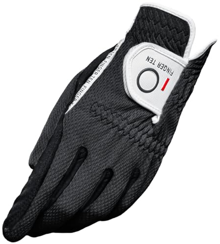 FINGER TEN Men’s Golf Glove Left Hand Rain Grip Pack, Durable Fit for Hot Wet All Weather (Black, X-Large)