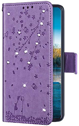 Uposao Kompatibel mit Sony Xperia XA2 Hülle Wallet Handyhülle Strass Diamant Glänzend Bling Kirschblüte Blumen Muster Leder Tasche Schutzhülle Brieftasche Klapphülle Flip Case,Lila