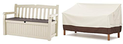 Keter Cassapanca Eden Banca Beige con Seduta Marrone 265 Lt in Resina, 140x60x84 cm & Amazon Basics Telo di copertura sagomato per panca a 3 posti
