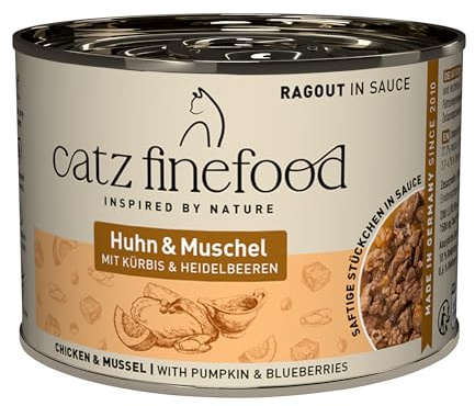 catz finefood Ragout N° 613 Huhn & Muschel Katzenfutter nass - Feinkost Nassfutter für Katzen in Sauce ohne Getreide und Zucker mit hohem Fleischanteil, 6 x 190 g Dose