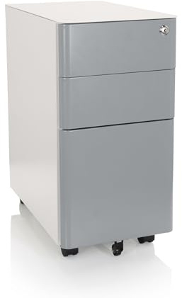 hjh OFFICE 743019 Rollcontainer schmal Color I Stahl Weiß/Grau Schubladenschrank mit Rollen, A4 Hängeregister, abschließbar