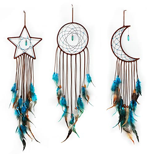 Jetec 3 Piezas Atrapasueños con Diseño de Luna Sol Estrella Tradicional Hecho a Mano para Colgar en Pared Dormitorio Decoración Hogar (Azul Oscuro)