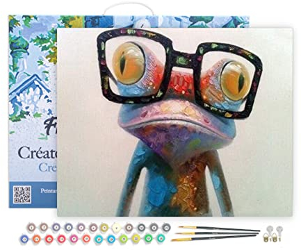Figured'Art Peinture par Numéro Adulte avec Cadre Grenouille et Lunettes - Activité Manuelle Kit de Loisir Créatif DIY Numéro d'Art Complet - 40x50cm toile tendue sur châssis