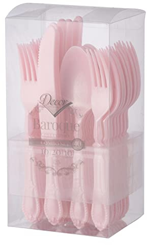 Decor Decorline - Wiederverwendbare Robust Plastikbesteckset - 40 Teilig - mit je 20 Gabeln, 10 Messern & 10 Suppenlöffel - Baroque Collection - Rosa