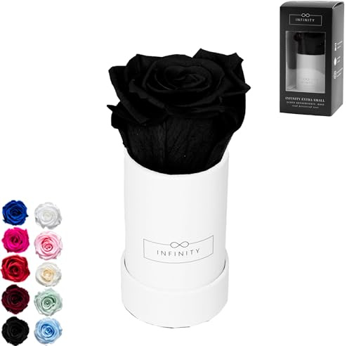 Infinity Flowerbox - 1 echte Infinity Rosen (3 Jahre haltbar ohne Wasser) - Direkt mit Geschenkverpackung geliefert I Handgefertigt in Berlin I Geschenk für Frauen (Schwarze Rose in weißer Box)