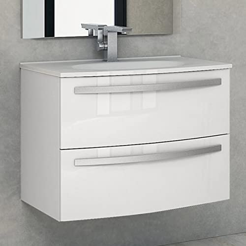 Yellowshop - Mobile bagno sospeso curvo 75 cm 2 cassetti con lavabo e specchiera led STELLA Bianco lucido (Mobile con lavabo)