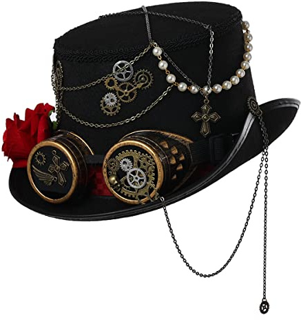 BLESSUME Chapeau haut steampunk avec lunettes Unisex, pour carnaval, Halloween, fête à thème (M, Noir 1)