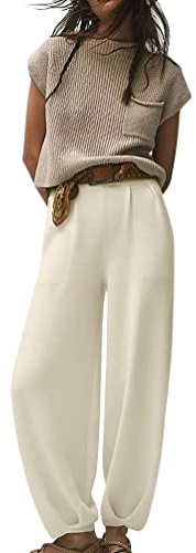 Minetom Tuta da Ginnastica Donna Maglione Maglia Manica Corta Casual Top e Pantaloni Set di Maglioni 2 Pezzi Completi A Bianco XS
