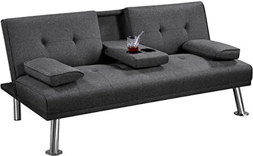 costoffs Fabric Upholstered Sofa Bed with 2 Cup Holders Convertible Sofa Futon for Living Room Guest Room Dark Gray