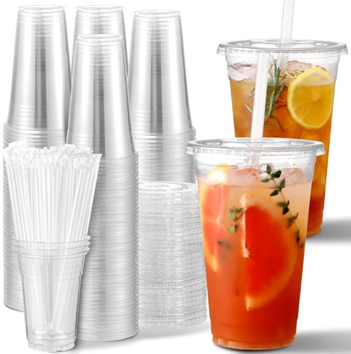 AOZITA [100 Sets] 20 oz Clear Plastic Cups With Lids and Straws, Iced Coffee Cups Disposable Cups for Iced Coffee, Smoothie, Milkshake and Cold Drinks