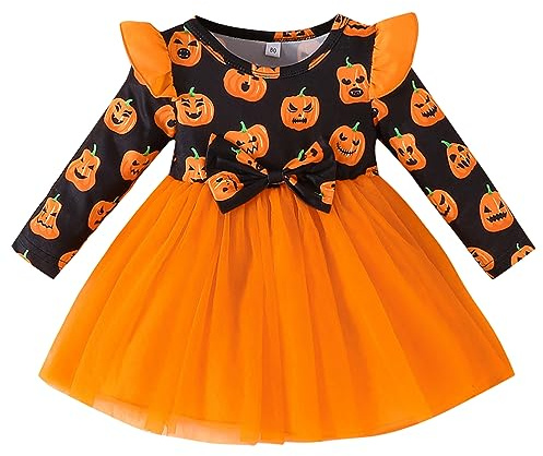 Winmany Niño Pequeño Niña Halloween Tutu Vestido Outfit Bebé de Manga Larga Calabaza Romper Ropa Faldas de Encaje con Lazo