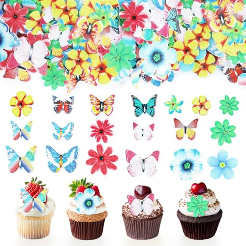 100 Stk Essbare Tortendeko Schmetterling Esspapier Tortendeko Blumen,Muffin Deko Essbar,Torten Deko Essbare Schmetterlinge Blumen für Torte,Essbare Blüten Kuchendeko Hochzeit,Schmetterlinge Dekoration